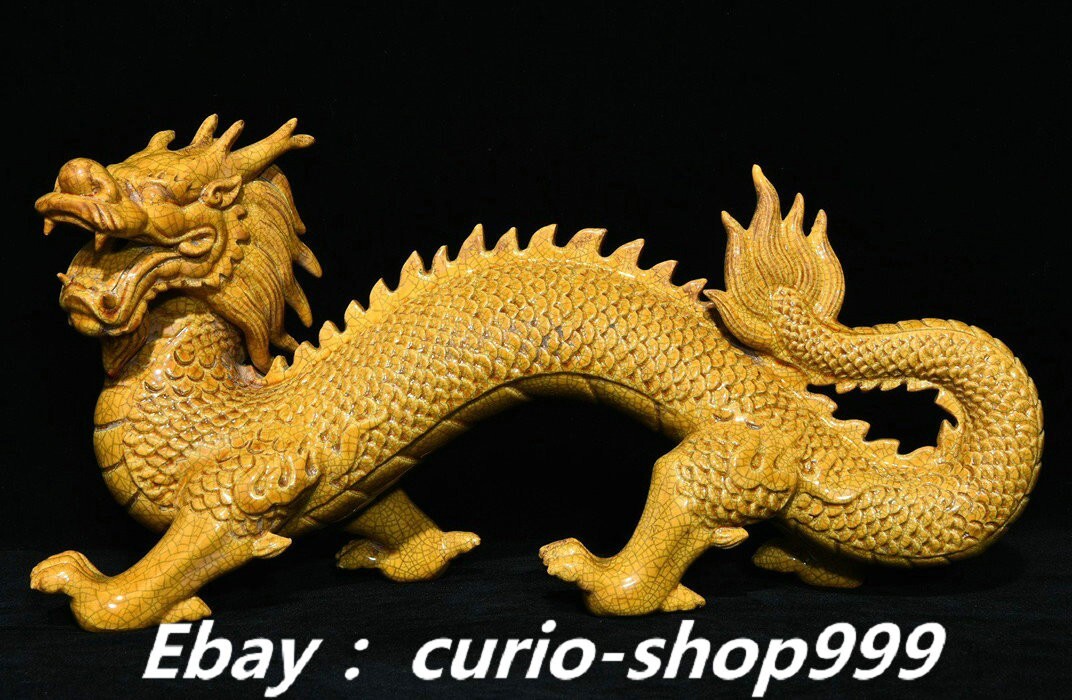 16-Inch Song Dynasty Yellow Glazed Porcelain Feng Shui Dragon Statue