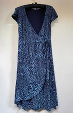 Fresh Produce Women's Animal Print Wrap Dress Large Blue Cap Sleeve Stretch USA