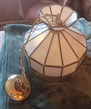 Tiffany Style Hanging 12 Panel Swag Ivory Slag Stain Glass Light 13.5”w