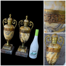 PAIR antique bronze marble vase urns putti cherub decor 1900s