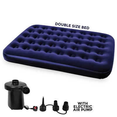 Doppel Luftbett Beflockt Camping Aufblasbare Matratze Luftbett Elektrische Pumpe - Blau