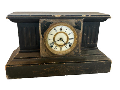 Antique Ca 1900 Slate Stone Mantel Clock Not Working HEAVY w Chipping 18'' Long