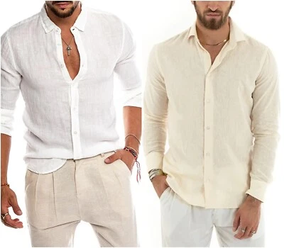 Chemise Hommes À Manches Longues En Lin Coton Beige Blanc M L XL XXL Casual - Photo 1/4