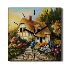 Image of Silent Wall Clock Canvas 30x30 Painting Flowers Trees Hut Countryside Nature