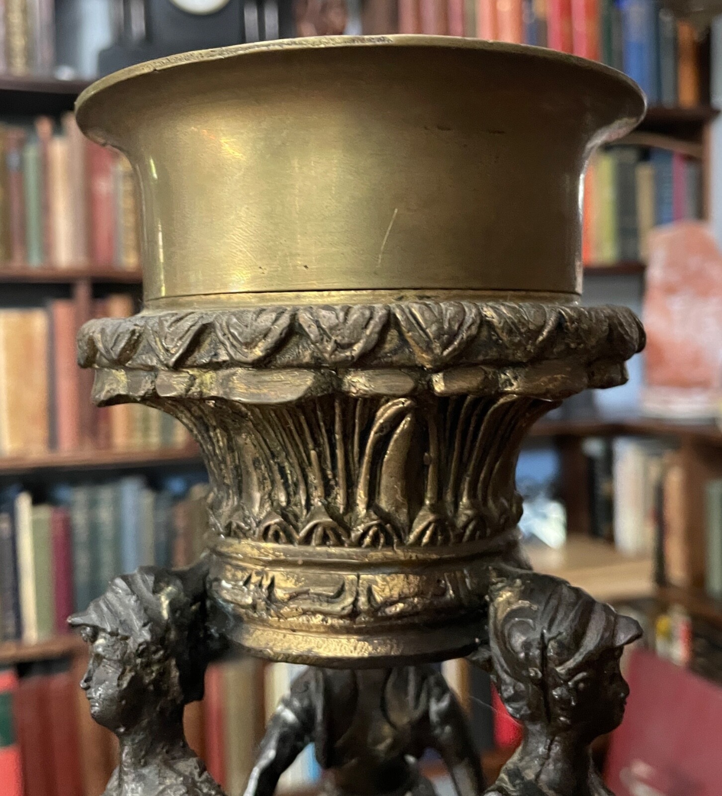 VINTAGE MYTHOLOGICAL "3 GRACES" ART NOUVEAU STYLE BRONZE CANDLE HOLDER, 15" Tall