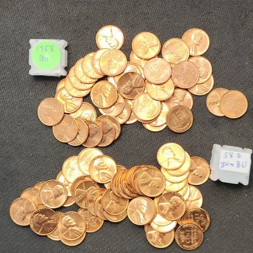 1958 P D BU Lincoln Wheat Cents - 2 Full Uncirculated Rolls, 100 Coins, ZL-10B