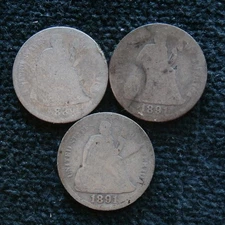 Seated Liberty Dimes lot of three 1889 1891 1891-O