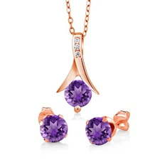 2.25 Ct Amethyst 18k Rose Gold Plated Silver Pendant and Earrings Set 18" Chain