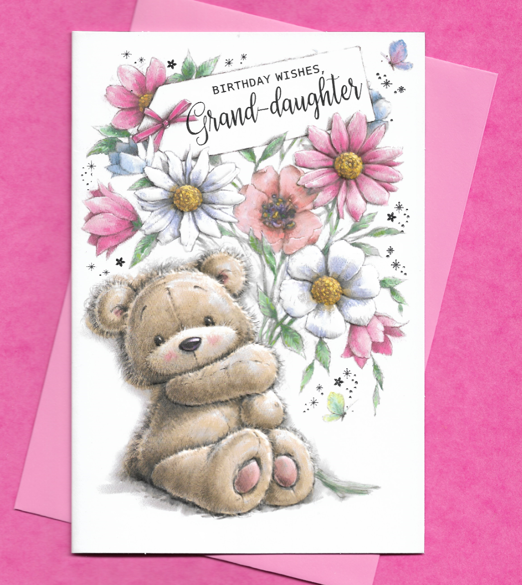 Granddaughter Birthday Card Cute Bear Flowers Grand Daughter 19x13cm