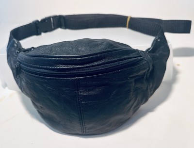 Vintage Black Leather Fanny Pack 80-90s Waist Bum Belly Bag 3 Pockets Adjustable