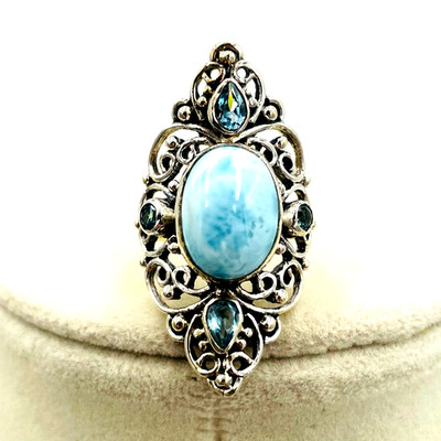 Larimar mit Blautopas Akzent Edelstein filigran 925 STS Ring Gr. 9 Boho Retro