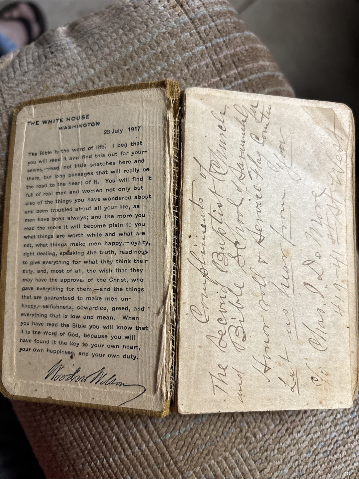 WWI POCKET BIBLE New Testament W/ Statement Woodrow Wilson 7-23-1917 To Soldiers