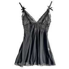 Black Lace Mesh Babydoll Chemise Lingerie V-Neck Bow Straps Small