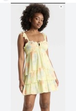 Women  s Knit Chiffon Tiered Ruffle Sleeve Mini A Line Dress Wild Fable Yellow XL
