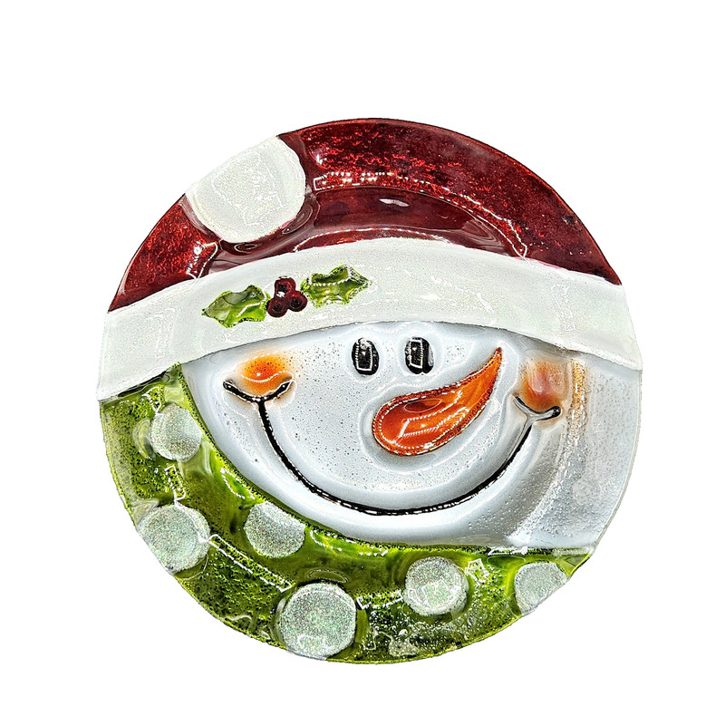 Festive Snowman Fused Glass Cookie Plate Holiday Serving Dish Iridescent Glitter