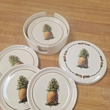 Vintage Melamine 6pc Pineapple Coaster Set & Cover Holder