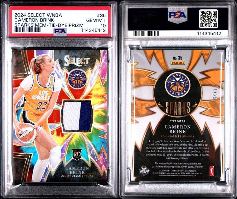 2024 Panini WNBA Select CAMERON BRINK #35 (RC) Tie-Dye Patch Prizm 04/25 PSA 10 view 3