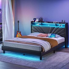 Full Size Bed Frame, Storage Headboard with Charging Station and LED Lights, Uph