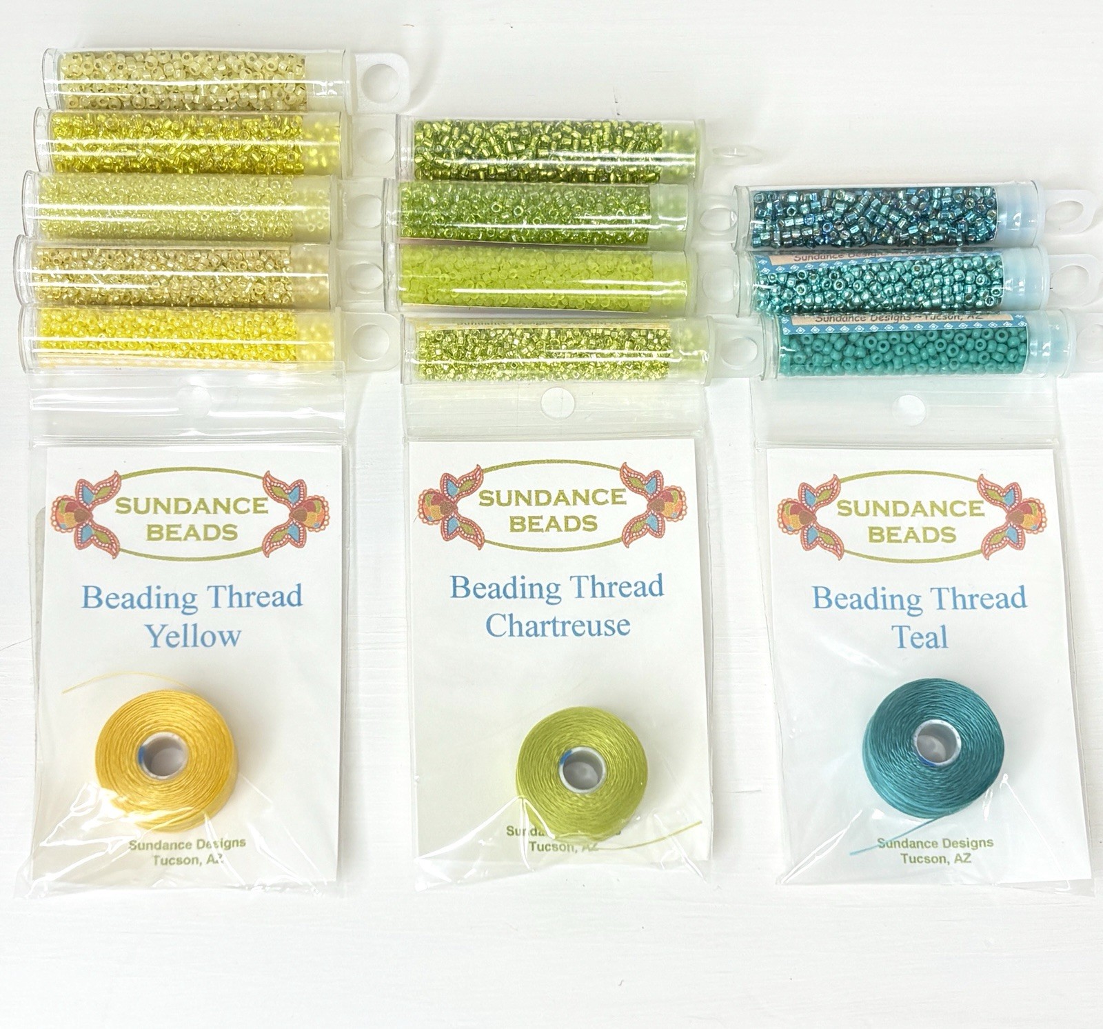 Sundance Designs Beads Yellow Teal Chartreuse Sz 11 14/15 Beading Thread Lot 15