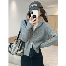 Ladies Trend Solid Color Hooded Short Fashion Sweater Knitted Cardigan Coat