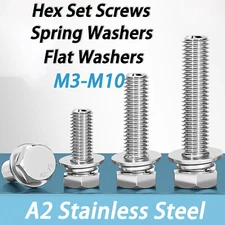 M3 M4 M5 - M12 Hexagon Set Screws + Spring/Flat Washers A2 Stainless Steel Bolts