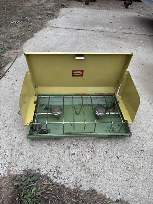 vintage PRIMUS Streamliner 2 Burner GAS CAMPING STOVE Yellow Green Works!
