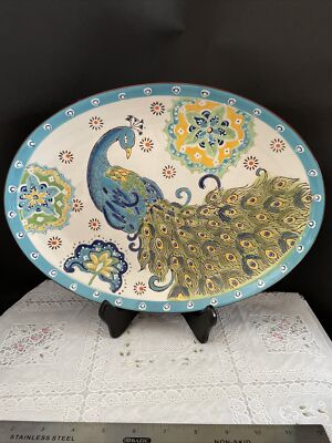 Dutch Wax by Coastline Imports Hand Painted Oval Peacock Platter Platter