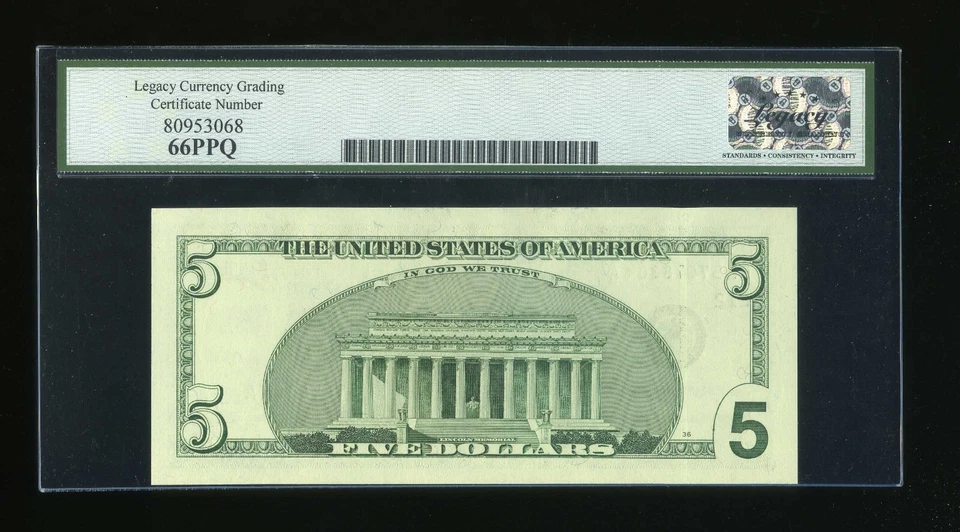 DBR 2003-A $5 FRN San Francisco Gem Fr. 1991-L Legacy 66 PPQ Serial FL57678304A - Image 2 of 2