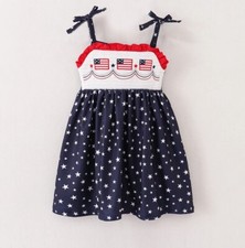 NEW Boutique 4th of July Girls Embroidered US Flag Smocked Sleeveless Dress