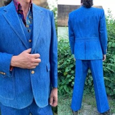 Vintage Blue Denim Men Suits 3 Pcs Formal Prom Party Retro Men Blazer Pant Vest