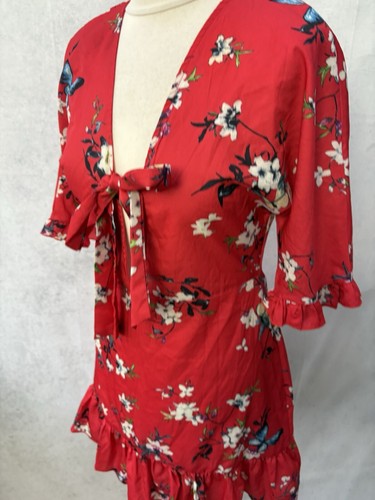 Parisian Red Floral Dress Size 10 Petite Short Sleeve V Neck Short Polyester - Picture 8 of 12
