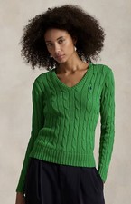 Polo Ralph Lauren Womens Size Med Green Logo Cable Knit V-Neck Cotton Sweater
