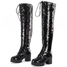 Women Sequin Over The Knee Boots Lace Up Side Zip Platform Block Heel Punk Shoes