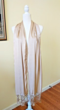 Vintage Long Scarf In Light Tan Satin w/Hand Tied 5" Fringe 20" X 80"