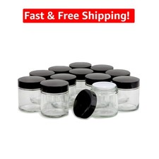 Round 4 oz Glass Jars with Black Lids - Set of 12 for Cosmetics Ointments
