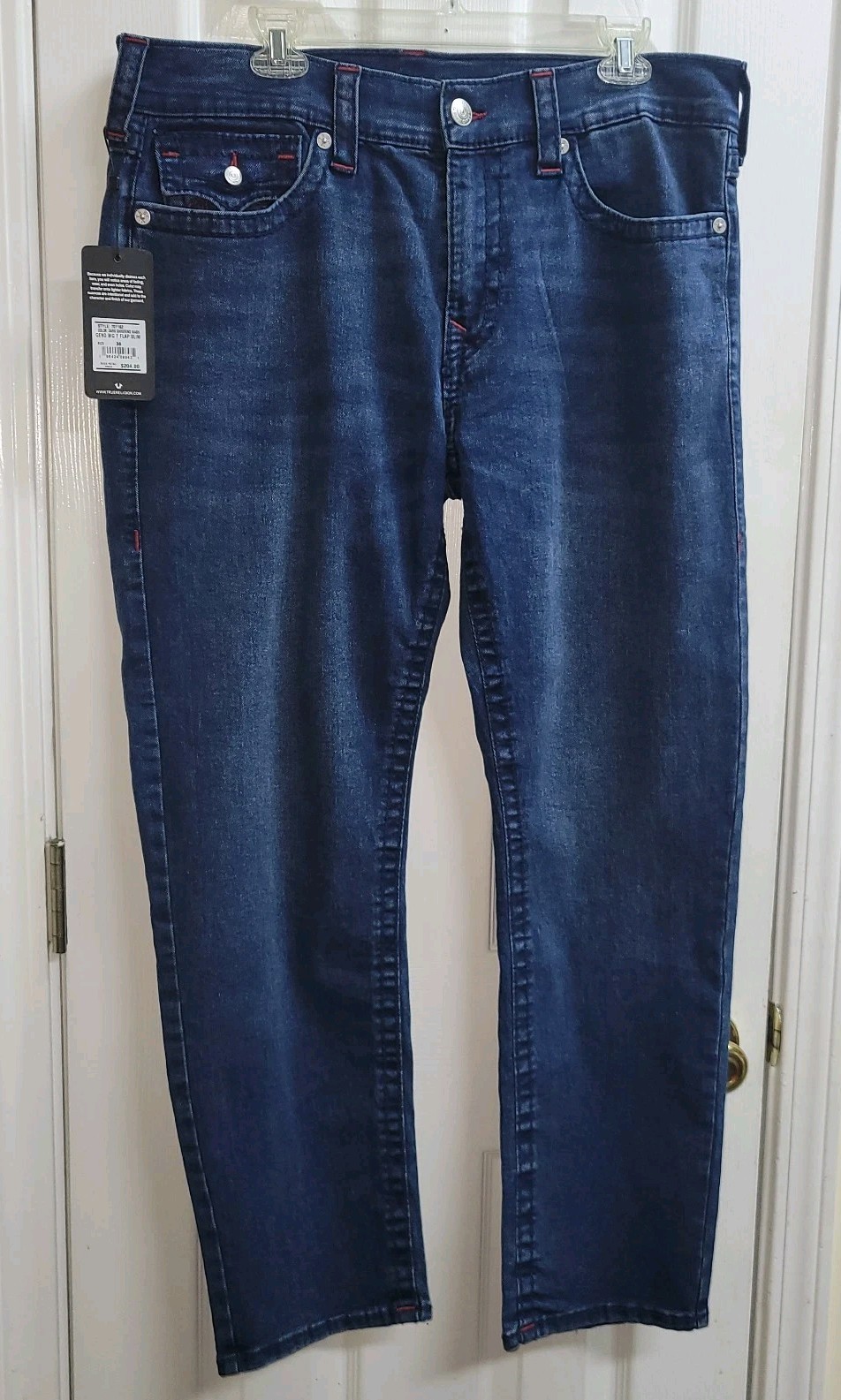 True Religion Geno Relaxed Slim Jeans Big T Flap Red Stitch Mens 36 x 30" NWT thumbnail 2