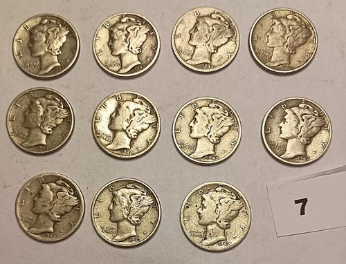 Bulk Lot of 11 US 90% Silver Mercury Dimes