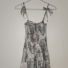 Scenic Print Smocked Maxi Dress Tie Straps Bohemian White Black Sleeveless