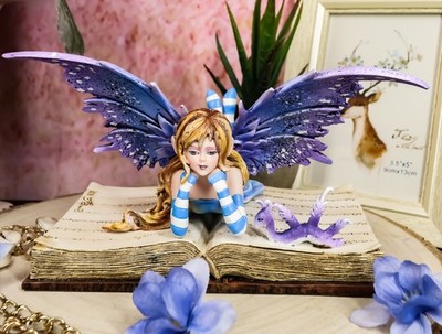 Ebros Amy Brown Purple Lavender Book Worm Fairy With Pet Dragon Statue 7.25''L