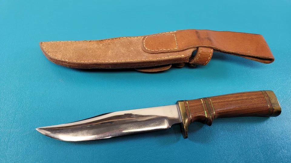 Vintage Bowie Fighting Knife Brass Wood Handle + Leather Sheath Stone TR525 - Image 4 of 4