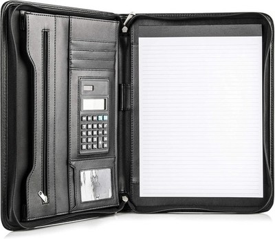 Black Superior Vegan Leather Business Portfolio with Zipper - Padfolio All-in-On