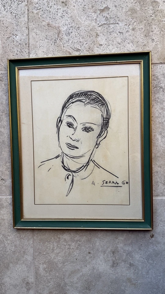 Antoine Serra (1908-1995) Tableau ancien signé portrait de femme au fusain - Photo 4/4