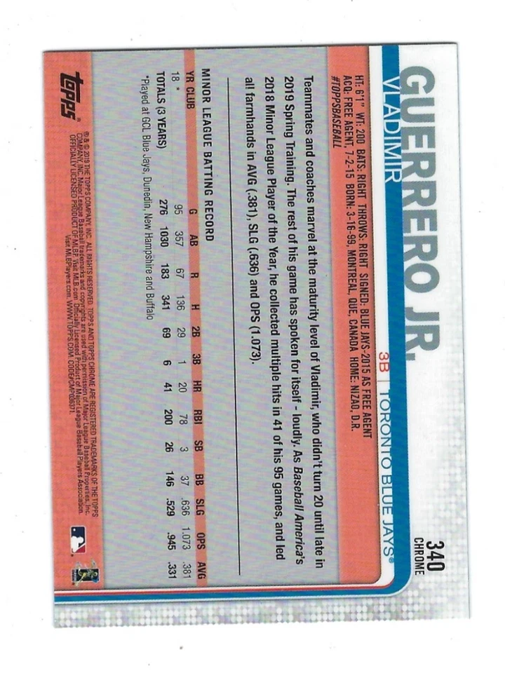 2019 Topps Chrome Sapphire Edition VLADIMIR GUERRERO JR SP RC #340 READ - Image 2 of 3