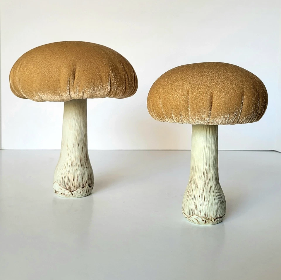 Decorative Velvet Mushrooms Set of 2 Retro Shelf Sitters 8.5" & 7" Ex Cond - Image 3 of 4