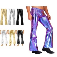 Men's Shiny Metallic 70s Disco Long Pants Vintage Bell Bottom Flared Trousers