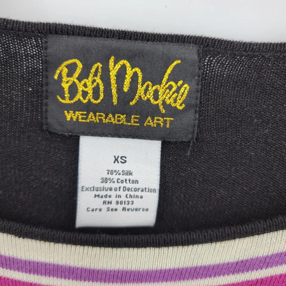 Suéter Bob Mackie Mujer XS Negro Rosa Rayas Seda Usable Arte Túnica Foto 3 de 4