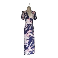 Lulus Blue Pink Floral Print Long Maxi Wrap Dress XS Flutter Sleeves Cutout Back