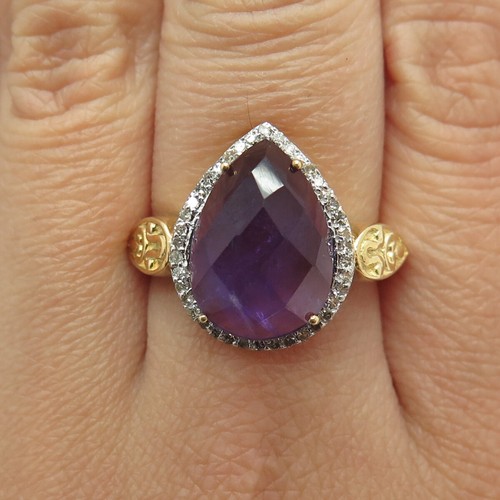 925 Sterling Silver Gold Plated Diamond & Checkered Amethyst Gem Ring Size 8
