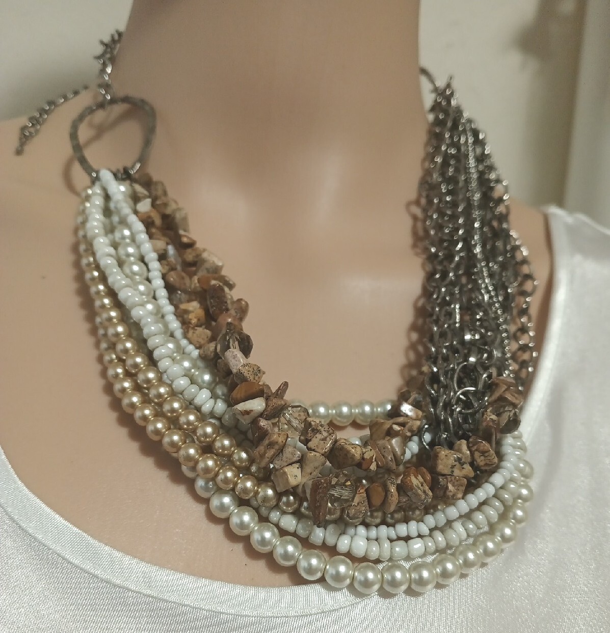 Multi Layered Statement Necklace Chains, Faux Pea… - image 6