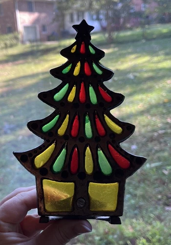Vintage Christmas Tree Candle Holder Stained Glass Cast Iron Tiffany Style 7"